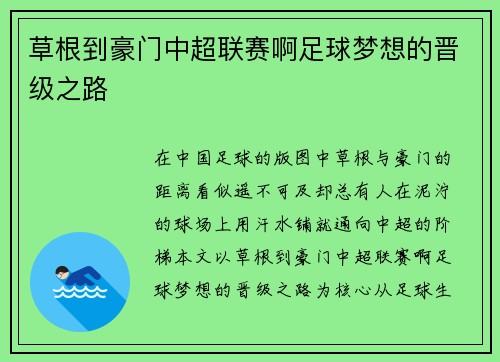 草根到豪门中超联赛啊足球梦想的晋级之路