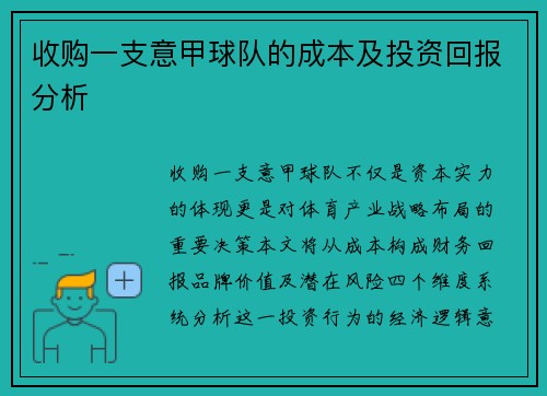 收购一支意甲球队的成本及投资回报分析